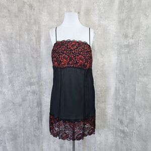 Cacique Plus Size 18/20 Black Red Floral Applique Trim Slip Chemise‎ Lingerie